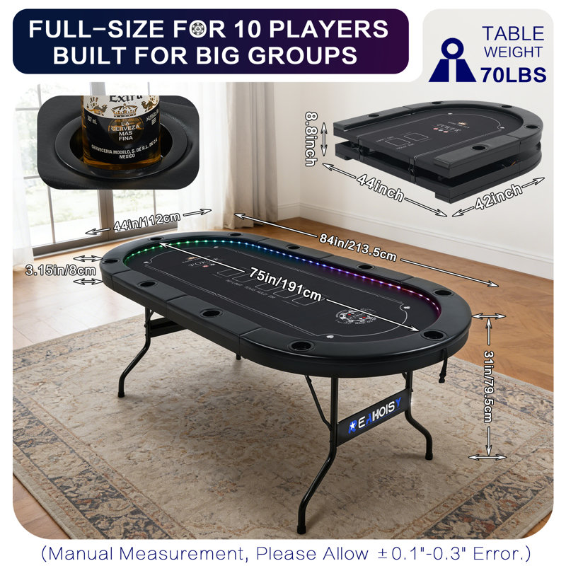 Table de poker 84 po 84 po pour 10 joueurs, table Texas Hold’em pliable avec accoudoirs rembourrés et porte-gobelets