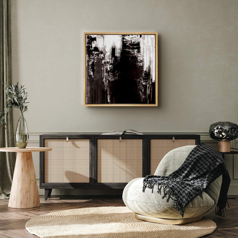 Blocs et lignes noirs et blancs encadrés sur toile, Naturel, H 16 po x l 16 po x P 1,5 po