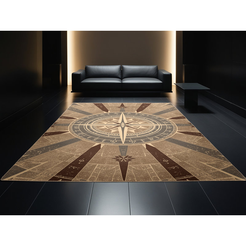 Machine Washable Pantelie Art Deco Starburst Rug in Brown – Beige Binding, 8 x 12
