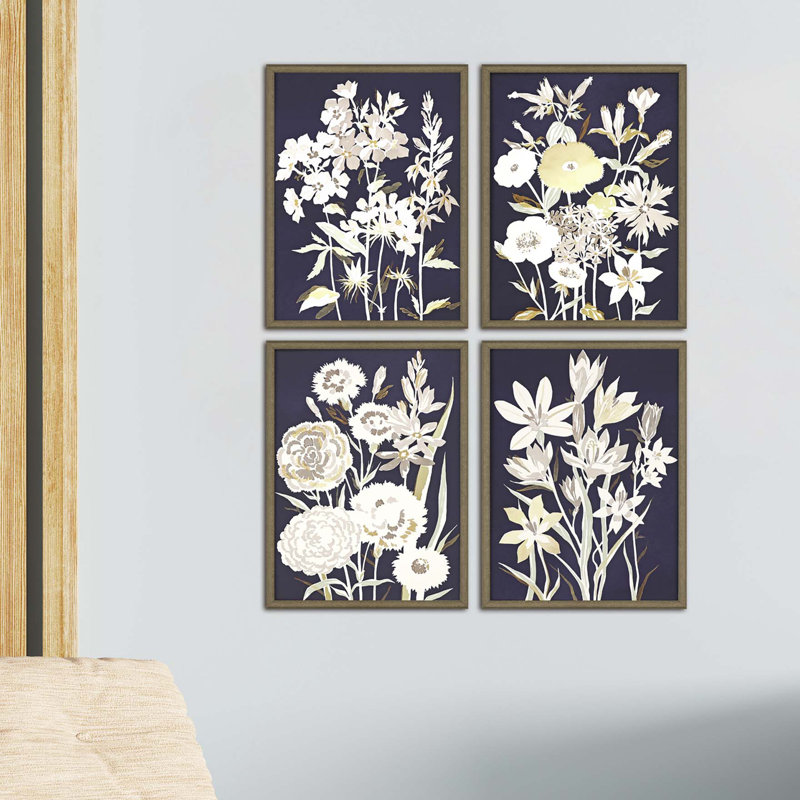 Fleurs de minuit - ensemble de 4 reproductions d'art sur papier encadré