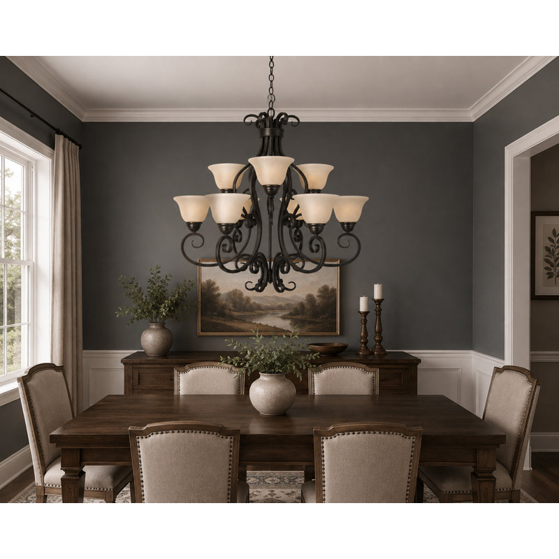 Lustre à niveaux ombrés 9 lumières Amelia, Bronze huilé