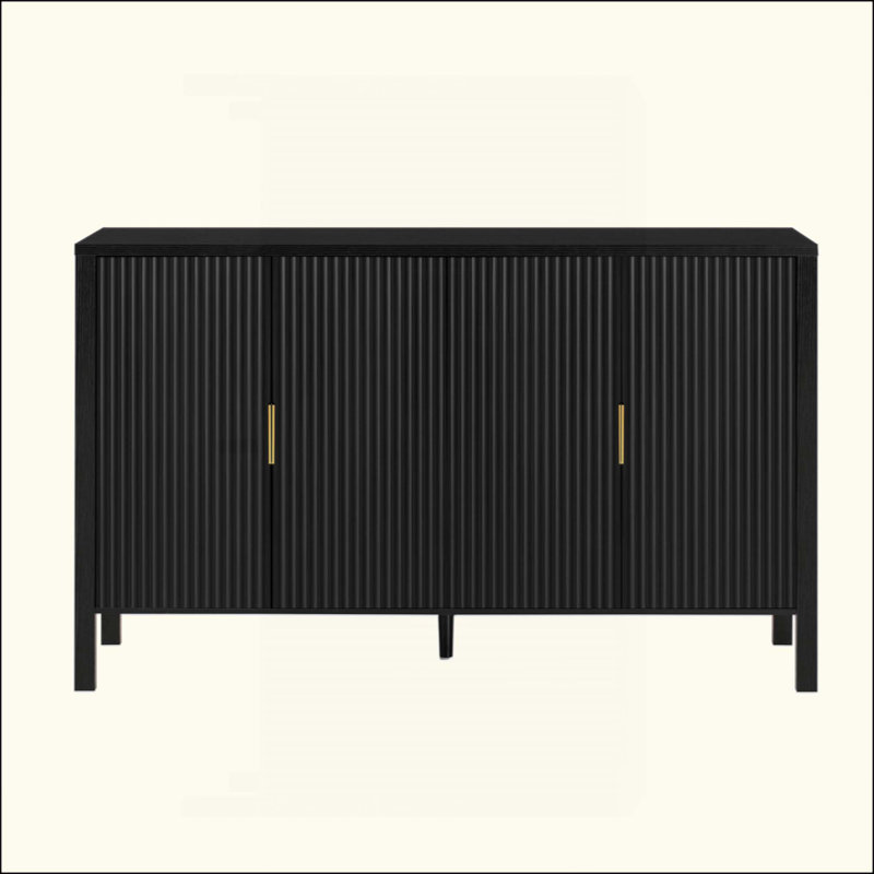 Modern Stripe Door Storage Cabinet, 4-Door Sideboard With Back-Of-Door Storage Racks & Side Hooks, Adjustable Shelves, MDF Cabinet With Aluminum Handles For Living Room, Dining Room