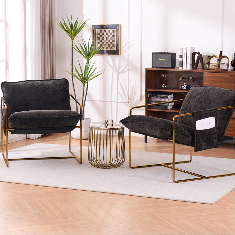 Fauteuil suspendu rembourré gris foncé avec poches pour accoudoirs. 2 chaises dans une boîte. Cadre métallique, doré - Modifications. Coussins luxueux en mousse écrasée, velours tissé. Pour le salon, la chambre à coucher. Élégant