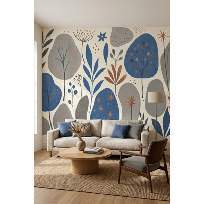 Abstract Floral Wallpaper Scandinavian Blue Leaves Wall Mural
