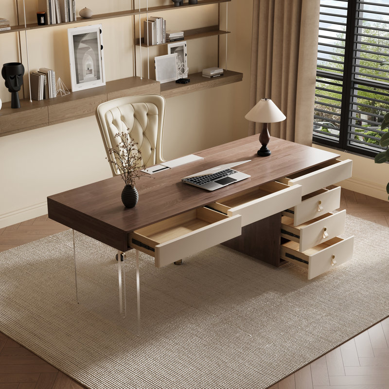 Bureau de direction pour bureau à domicile avec 1 armoire de 3 tiroirs et 3 tiroirs de bureau en acrylique avec finition grain de bois