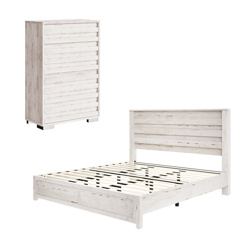 Ensemble de chambre à coucher, lit plateforme et commode 5 tiroirs Farmhouse, Blanc, Très grand
