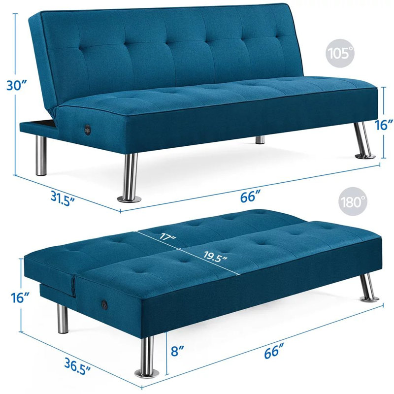 66'' Faux Leather Convertible Sofa, Blue Faux Leather