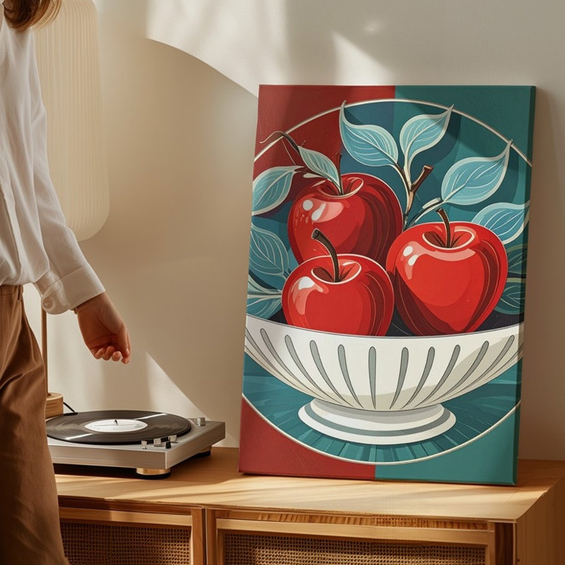 Toile, art populaire bol de pomme, décoration de fruits rouges avec feuilles bleues, art mural prêt à accrocher