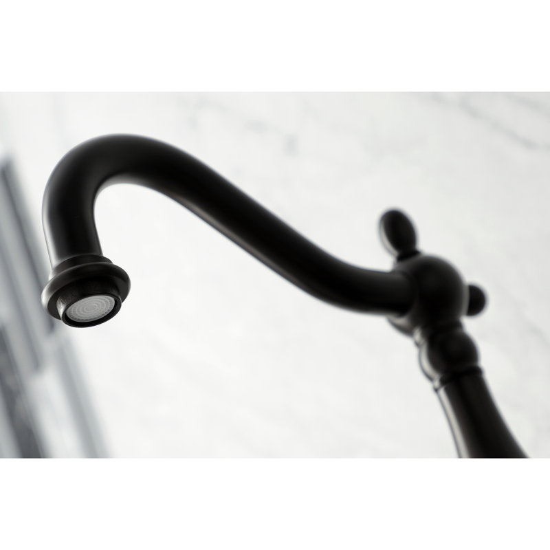 Kingston Brass Heritage Double-Handle 3-Hole Wall-Mount Bridge Kitchen Faucet with Brass Sprayer, Oil Rubbed Bronze