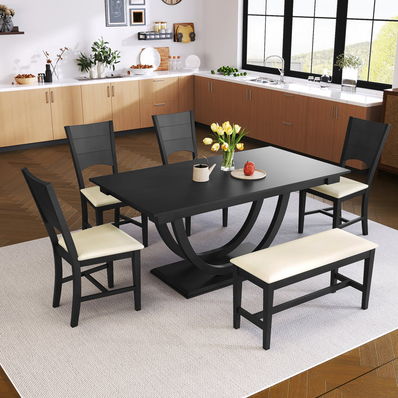 Ensemble de table de salle à manger en bois 6 pièces, ensemble de table de cuisine avec un banc et 4 chaises, Grey, Grey
