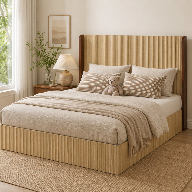 Grand lit plateforme en bois avec tête de lit Peirce, Grand lit