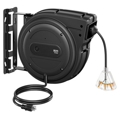 Enrouleur de rallonge rétractable 24 m (80 pi) robuste 12 AWG/3C SJTOW noir, fixation plafond/mur, disjoncteur 15 A, cordon d'alimentation à enroulement automatique, triple prise avec indicateur lumineux, support pivotant à 180°