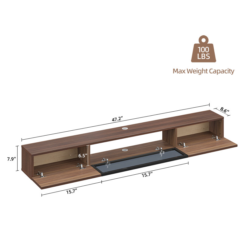 47-inch High Gloss Floating Tv Stand Wall Mounted With Storage(walnut), 7.8"H x 47"L x 9.8"W