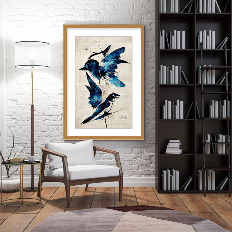 Nature Inspired Blue Birds, 24" H x 16" W x 1.125" D, Gold, Framed Matted Print