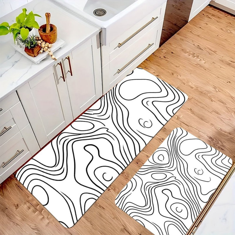 Tapis de cuisine abstrait pour l'art de la ligne, 2 pièces, noir et blanc