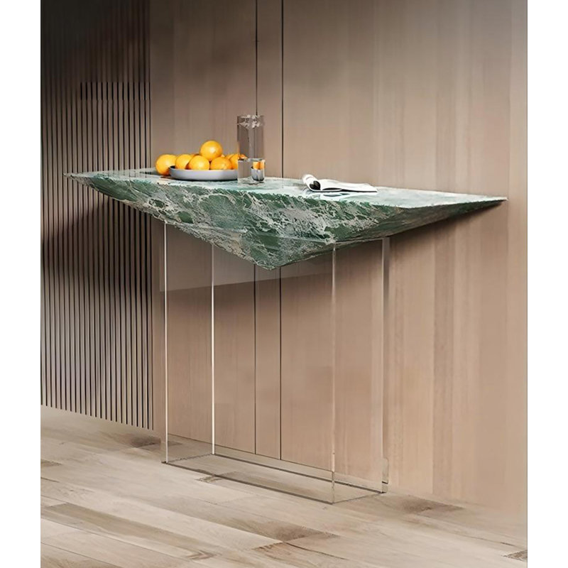Console de vestibule géométrique moderne en forme de V avec dessus en pierre et pieds en acrylique transparent