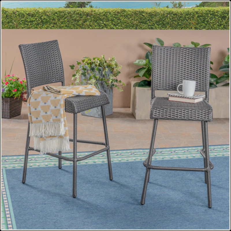 Ensemble de 2 tabourets de bar sans accoudoirs en rotin de plein air PE, Gris