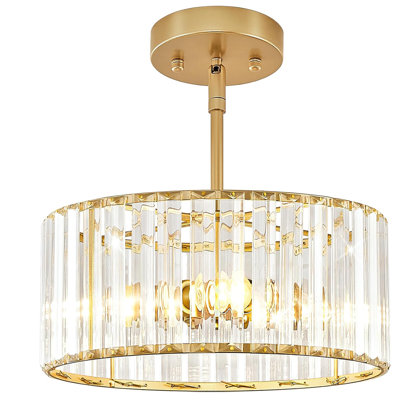 Crystal Chandelier, Small Modern Semi Flush Mount Ceiling Chandelier Light Fixtures, Round Hanging Lighting Fixture For Kitchen Bedroom Hallway Entryway Laundry Room, 3-Light, 11.8 Inch