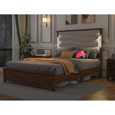 Modern Design Queen Bed Frame With Upholstered Headboard, Charging Feature, Led Lights Multiple Modes, Wood Slats, Beige Linen, No Box Spring Required Size Socket, Lights, Structure, Spring, Easy