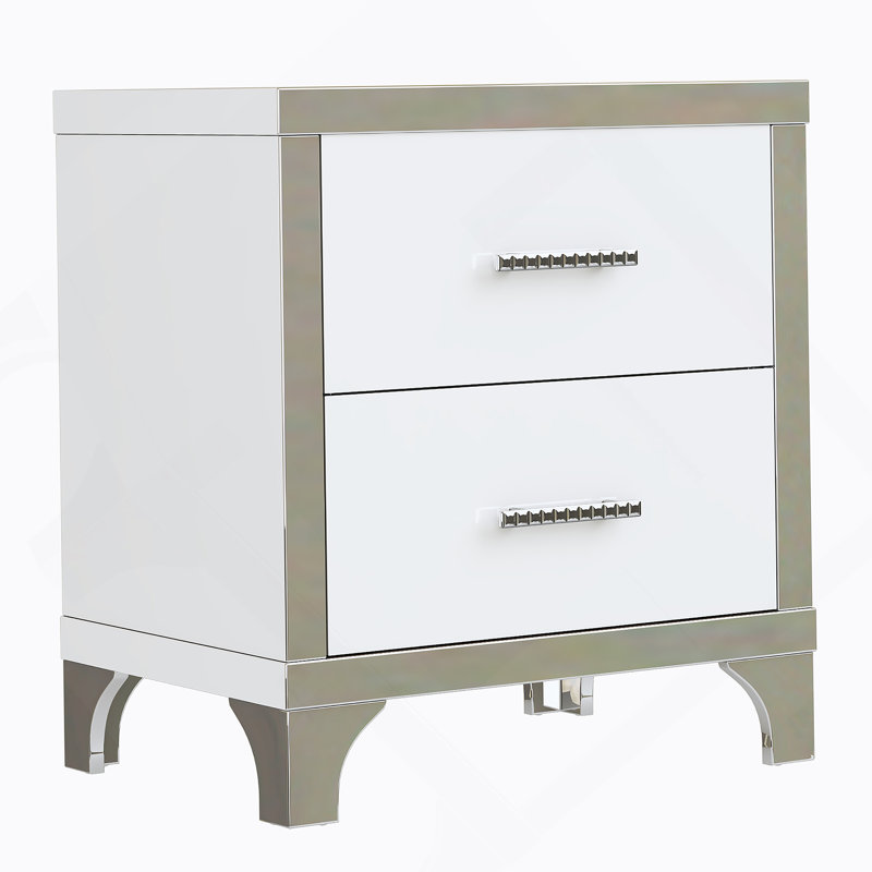 Elegant High Gloss Nightstand With Metal Handle, White