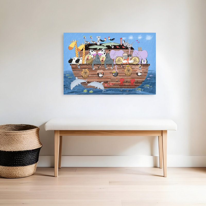 L'aventure de l'Arche de Noé - Affiche murale abstraite contemporaine représentant un oiseau, une vache, un crabe et la faune marine