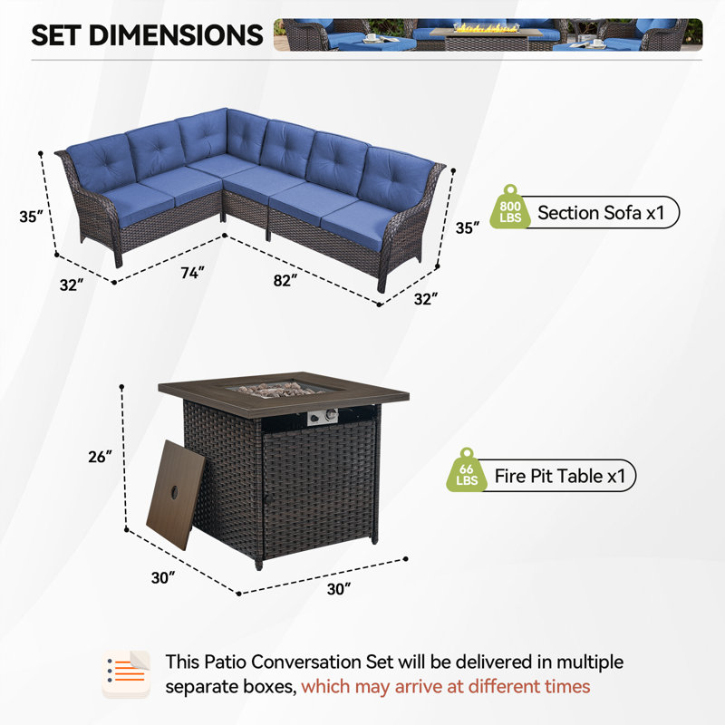 Benigni 139'' Wide Outdoor Wicker L-Shaped Patio Sectional with Fire Pit with Cushions, Blue, Brown