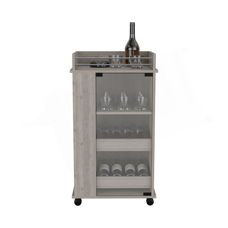 Chariot-bar avec porte vitrée, 2 tablettes latérales et roulettes, Gris