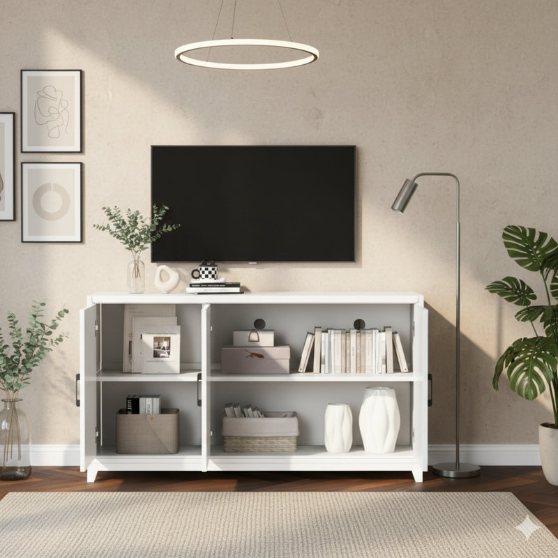 Meuble multimédia pour téléviseurs de 65 po ou moins, une console de divertissement moderne avec deux espaces de rangement spacieux et des pieds en bois massif pour le salon.