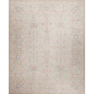 Tapis de zone en laine beige/rose 8 pi x 10 pi noué la one-of-kind main