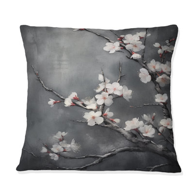 Coussin Cherry Blossoms - blanc sur 20 nuances de gris