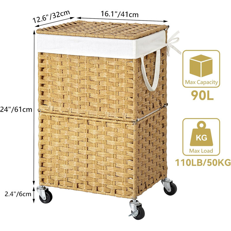 Panier à linge mince 90L avec roulettes, panier à linge roulant avec couvercle et sac doublure amovible, organisateur en rotin tissé à la main pour la chambre à coucher, la salle de bain et la salle de lavage
