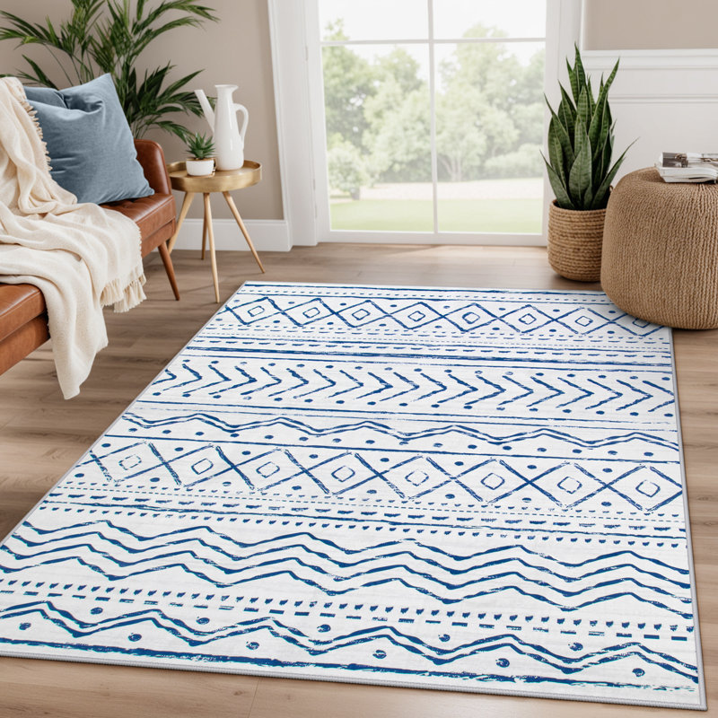 Tapis marocain à rayures Tribal, Rectangulaire 4 pi x 6 pi, Bleu / Rose
