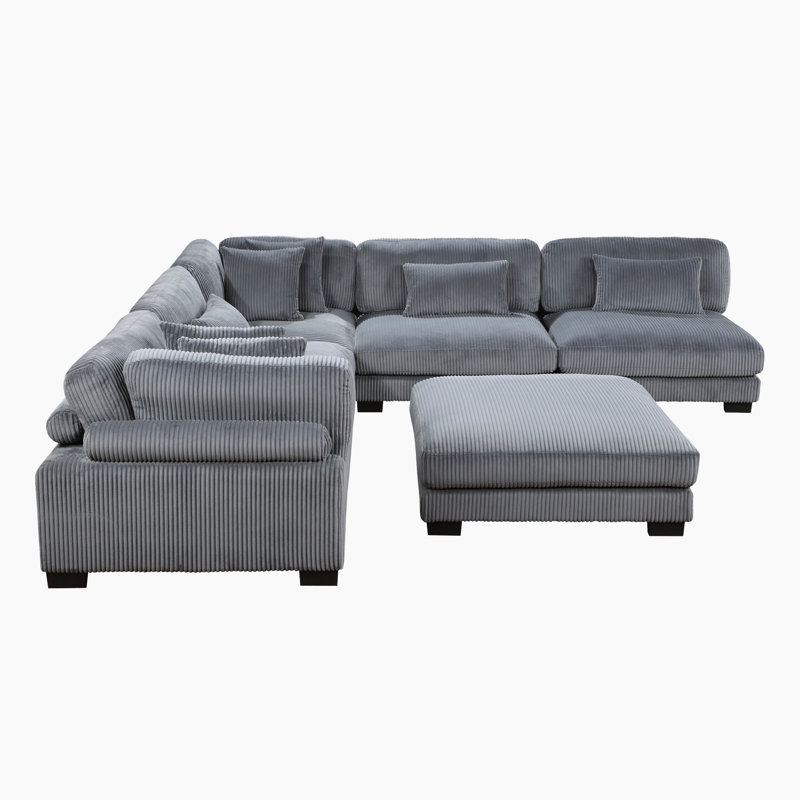 Brinsley 135" Modern Modular Sectional in Corduroy with Adjustable Back & 7 Pillows, Gray Corduroy