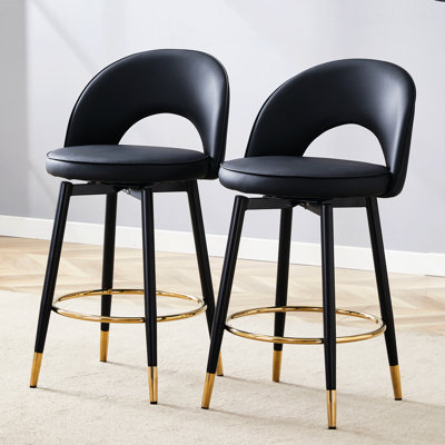 Paire de chaises de bar rotatives 360 ° - Revêtement en polyuréthane noir et gris et pieds en métal convenant à la salle à manger, à la cuisine et au bureau de la terrasse offrant un bon support pour 2 chaises tournantes revêtues