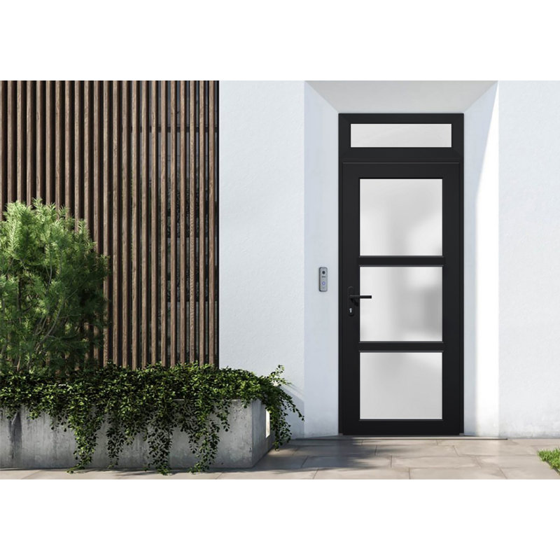 Front Exterior Prehung FiberGlass Door Frosted Glass / Manux 8552 Matte Black / Top Exterior Window / Office Commercial and Residential Doors Entrance Patio Garage-W36" x H80+14"-Right-hand Inswing