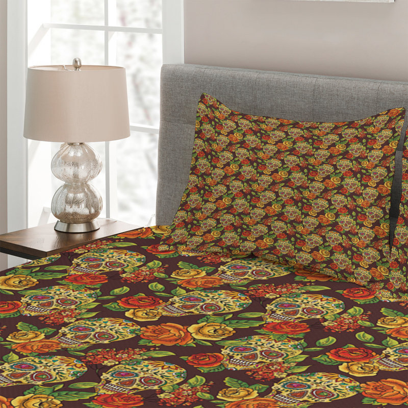 Skull Polyester Floral Coverlet, King Bedspread + 2 Shams
