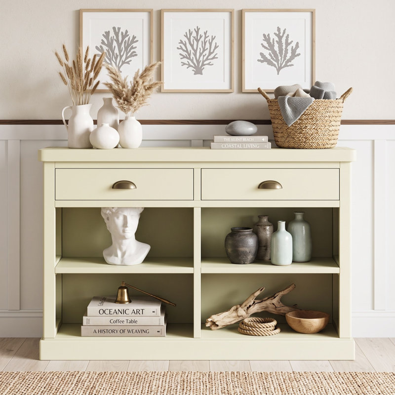 Console en bois avec 2 tiroirs et casiers ouverts, Blanc