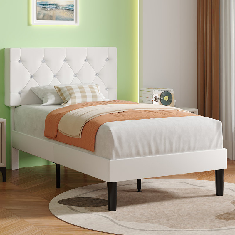 White Twin Size Velvet Upholstered Platform Bed Frame With Diamond Tufted Headboard, Twin, White