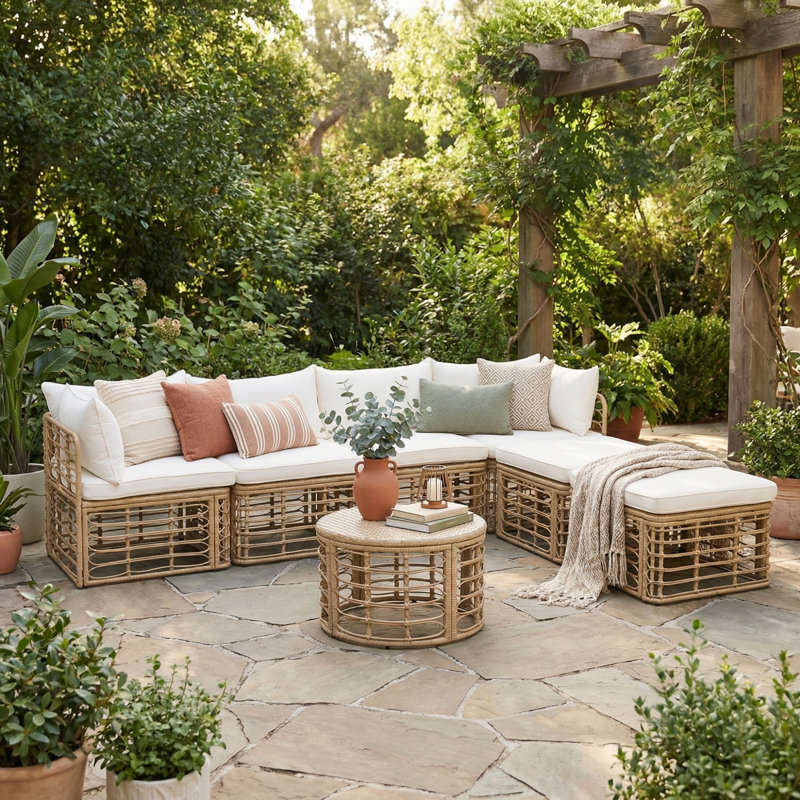 Ensemble de conversation modulaire en rotin 7 pièces, ensemble de conversation 7 pièces avec coussins épais pour le jardin, la cour et le balcon