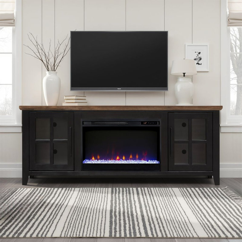 Meuble télé avec foyer 66 pouces Providence, 26"H x 66"L x 17"W, Noir