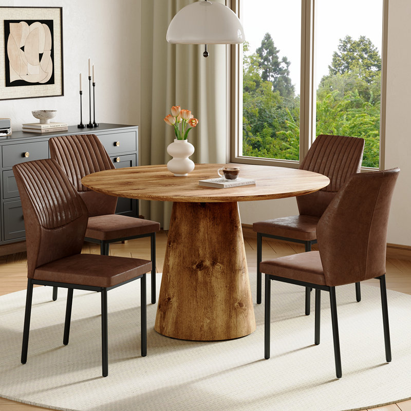 45'' Round Dining Table Set with Suede Upholstered Chairs, Modern Kitchen & Dining Room Set, 5 Pieces: Table, 4 Chairs, Wood