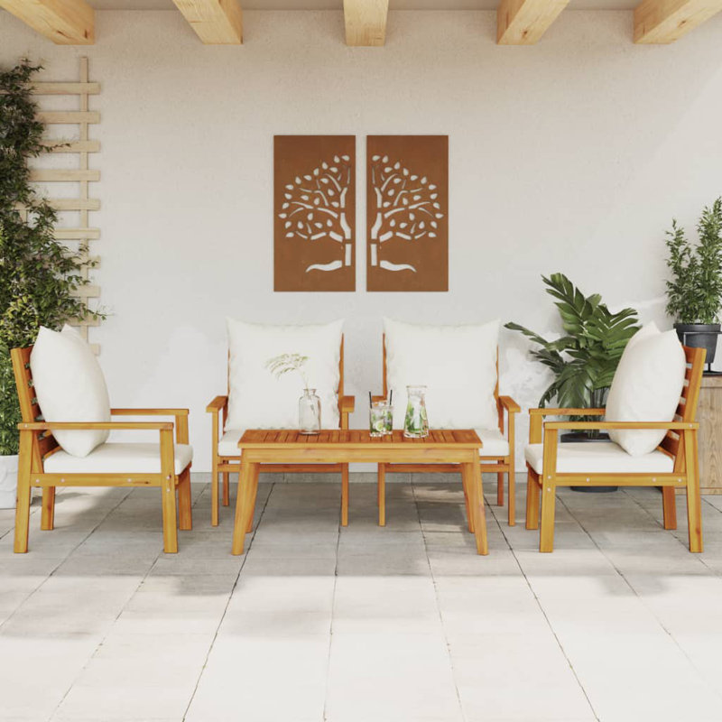 Ensemble de patio avec coussins en bois d'acacia massif, Blanc, crème, 4