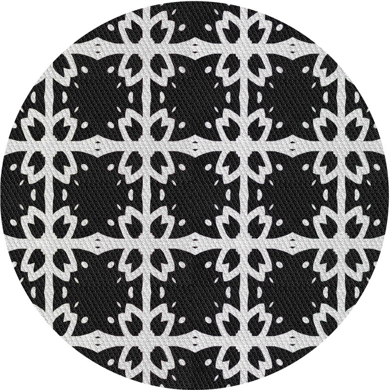 Tapis noir/blanc cassé à motifs, Rond 4 pi