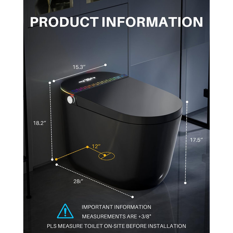 Yingze Smart Toilet,Modern Smart Toilet With Bidet Built In With Foot Sensor,Tankless Toilets Auto Open/Close Lid With Dryer,ADA Comfort Height Heat Seat,Instant Warm Water,Power Outage And Flush