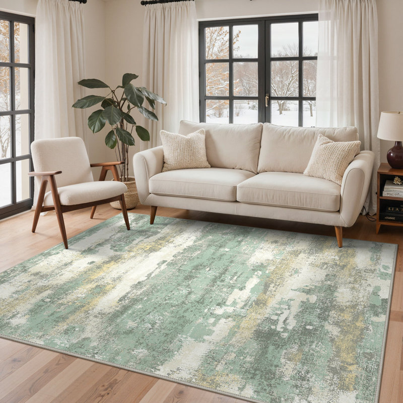 Abstract Machine Printed Area Rug, Rectangle 160 x 230 cm, Green/Yellow/Beige
