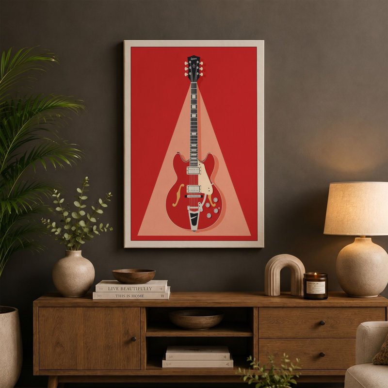 Iconic Guitar Mid-Century - Wrapped Canvas, 24x16 - 61.0 x 40.6 cm, Taupe Border