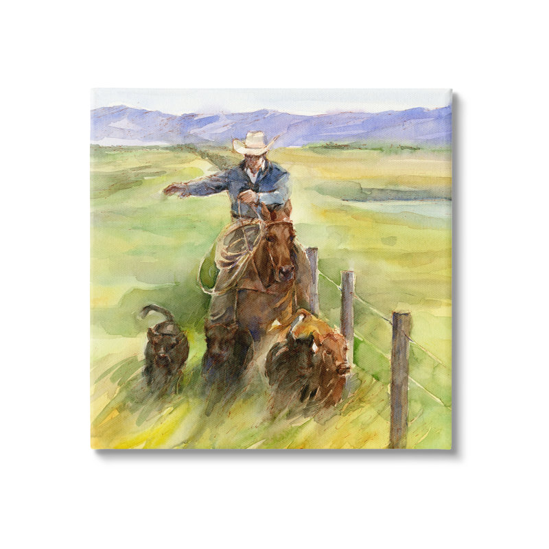 Cowboy avec bovins aquarelle par John Keeling, H 24 po x l 24 po x P 1,5 po