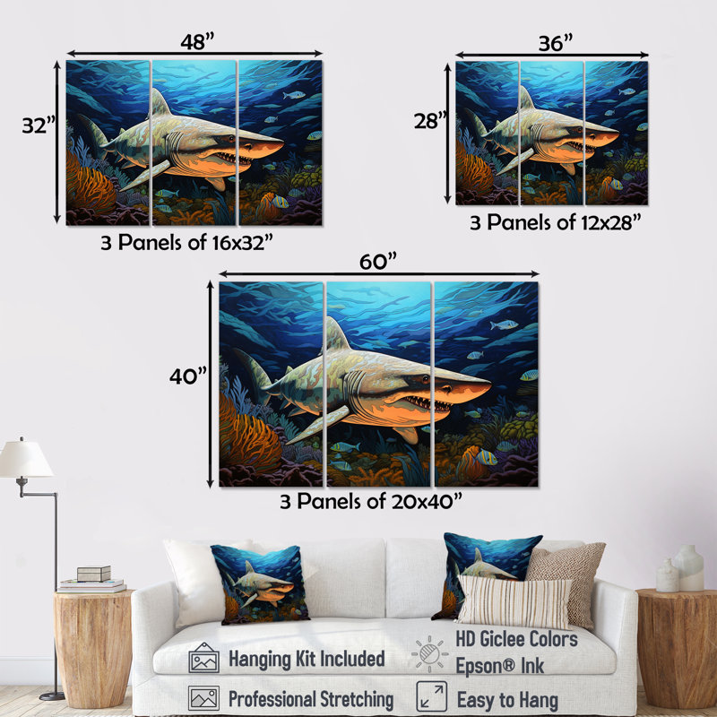 «Bull Shark Profondeurs», ensemble de décorations murales I - Requin, H 32 po x l 48 po