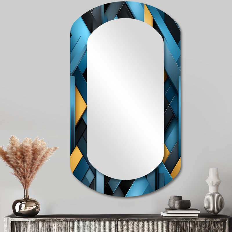 Blocs de chaînes noires et bleues - grand miroir mural cylindrique géométrique, miroir décoratif asymétrique noir, impression d'art en métal