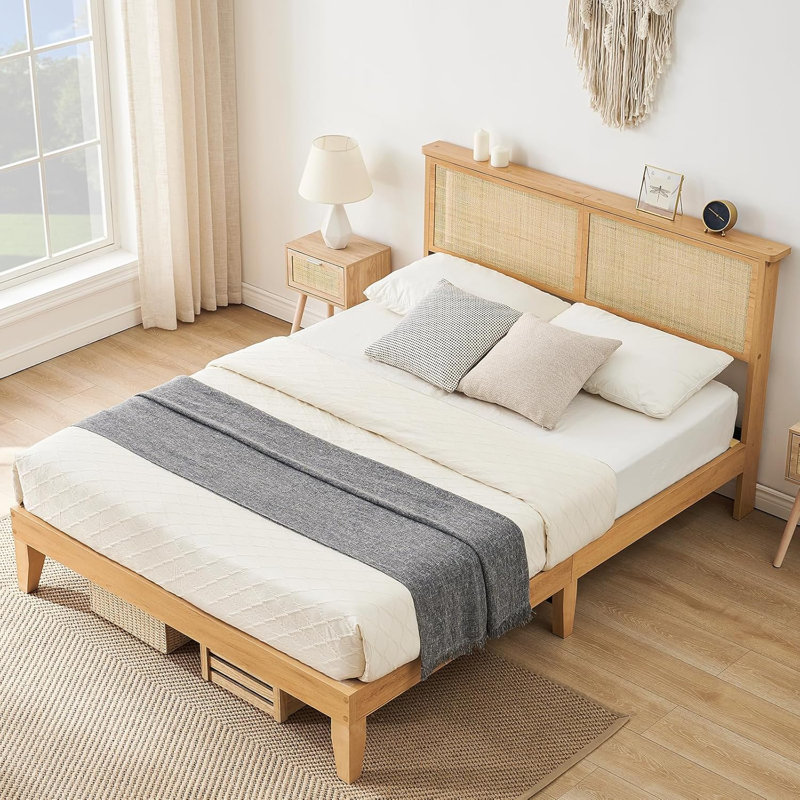 Bed Frame With Natural Rattan Storage Headboard Platform Bed Frame With LED Lights Wooden Support Legs Noise-Free No Box Spring Needed Easy Assembly Oak Color